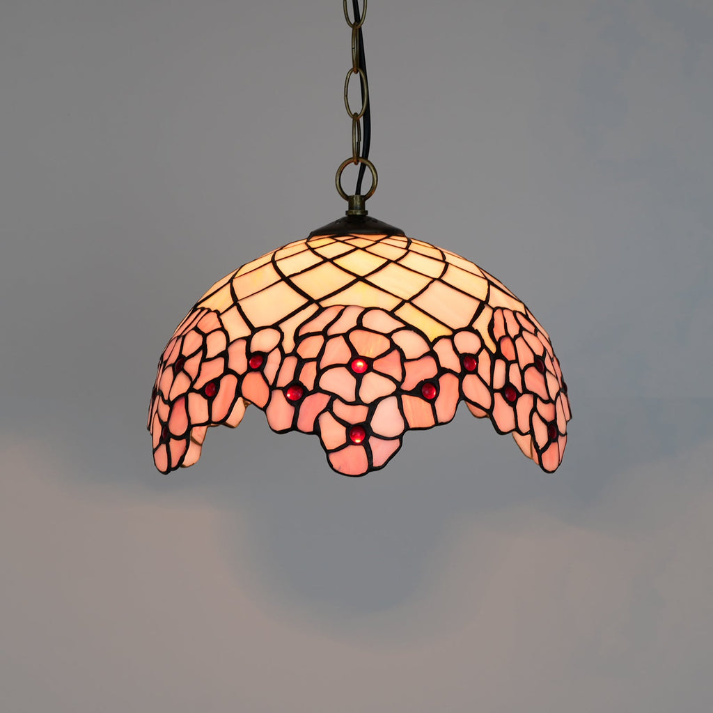 Pink Floral Tiffany Hanging Ornament with Scalloped Edge