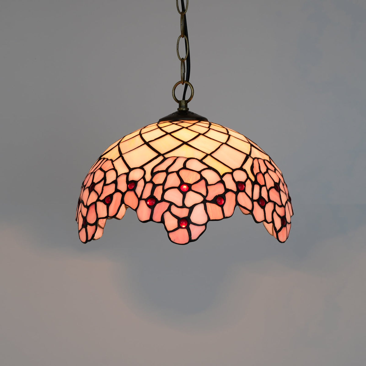 Pink Floral Tiffany Hanging Ornament with Scalloped Edge