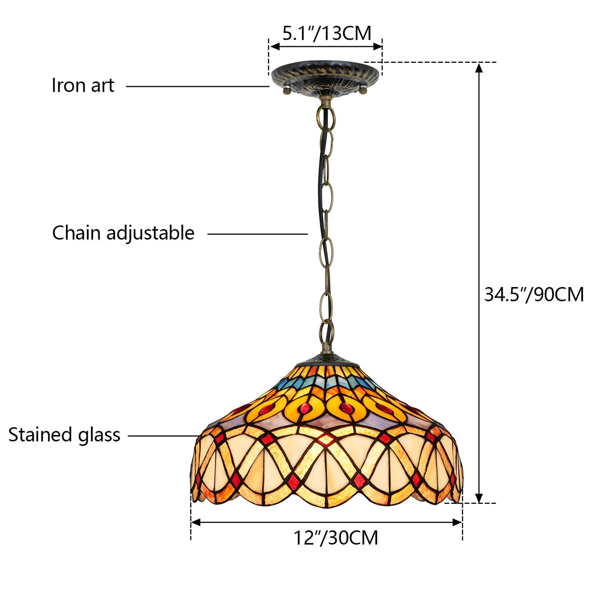 Tiffany-style pendant light in multicoloured tinted glass