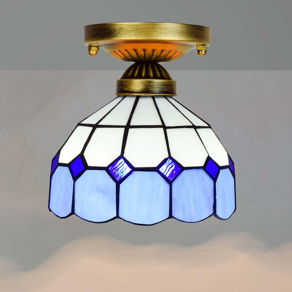 Tiffany Style Ceiling Light in Blue and White Stained Glass