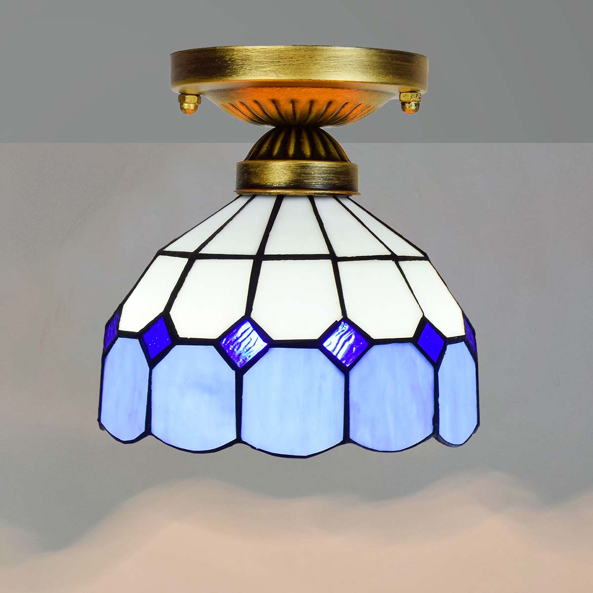 Tiffany Style Ceiling Light in Blue and White Stained Glass