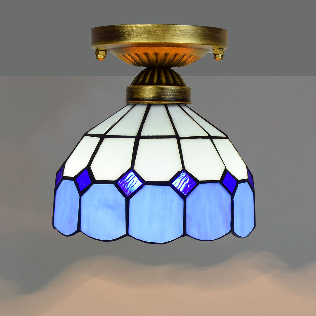 Tiffany Style Ceiling Light in Blue and White Stained Glass