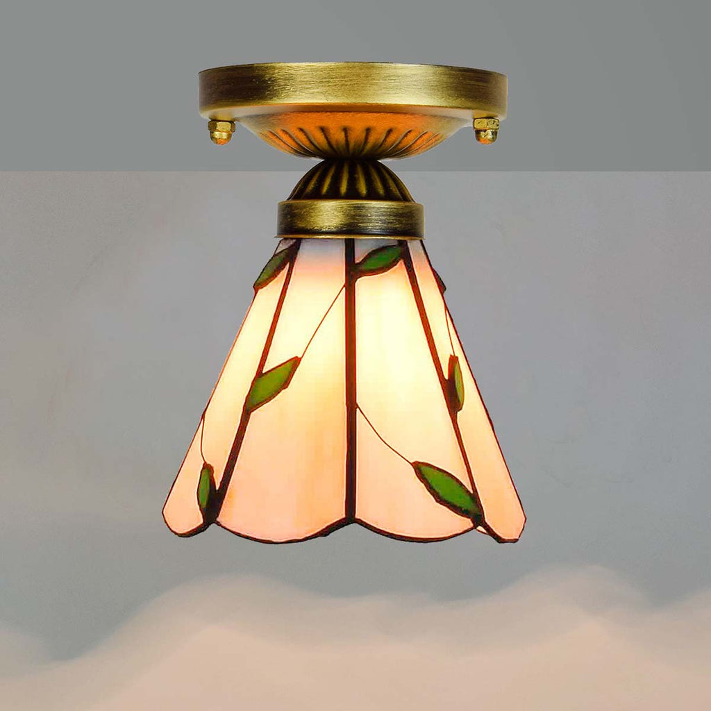 Tiffany-style stained glass ceiling light with green leaves