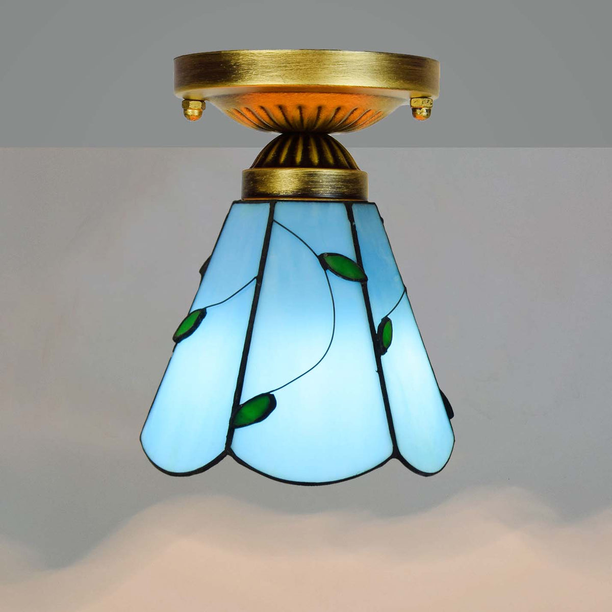 Blue Tiffany Stained Glass Ceiling Light with Green Leaves
