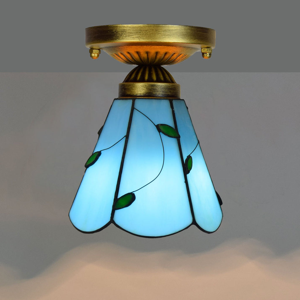 Blue Tiffany Stained Glass Ceiling Light with Green Leaves
