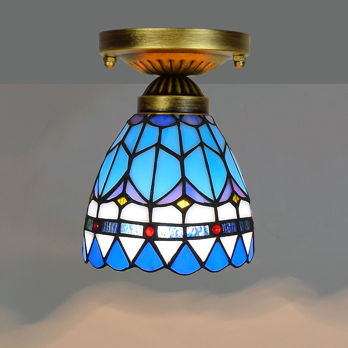 Tiffany Ceiling Light in Blue and Purple Glass and Antique Brass