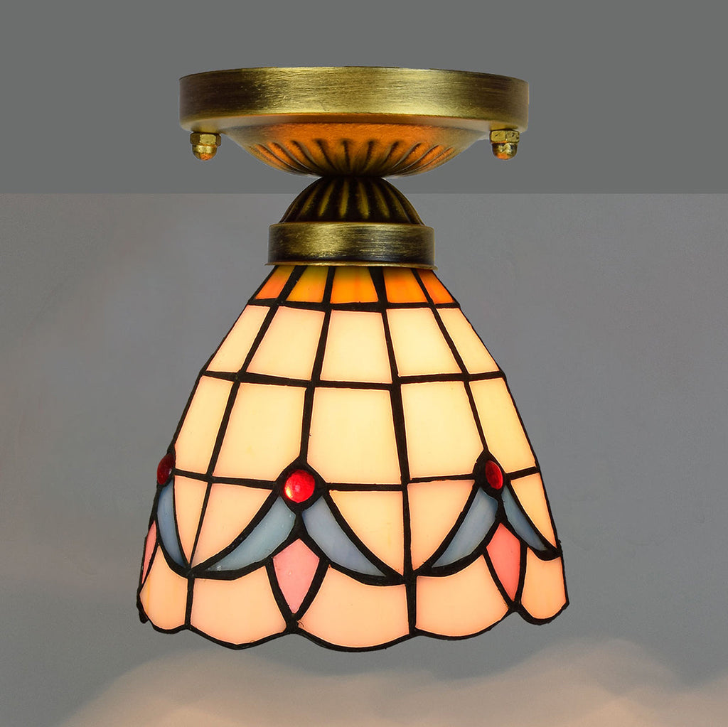 Cream Tiffany Stained Glass Ceiling Light with Blue Pattern