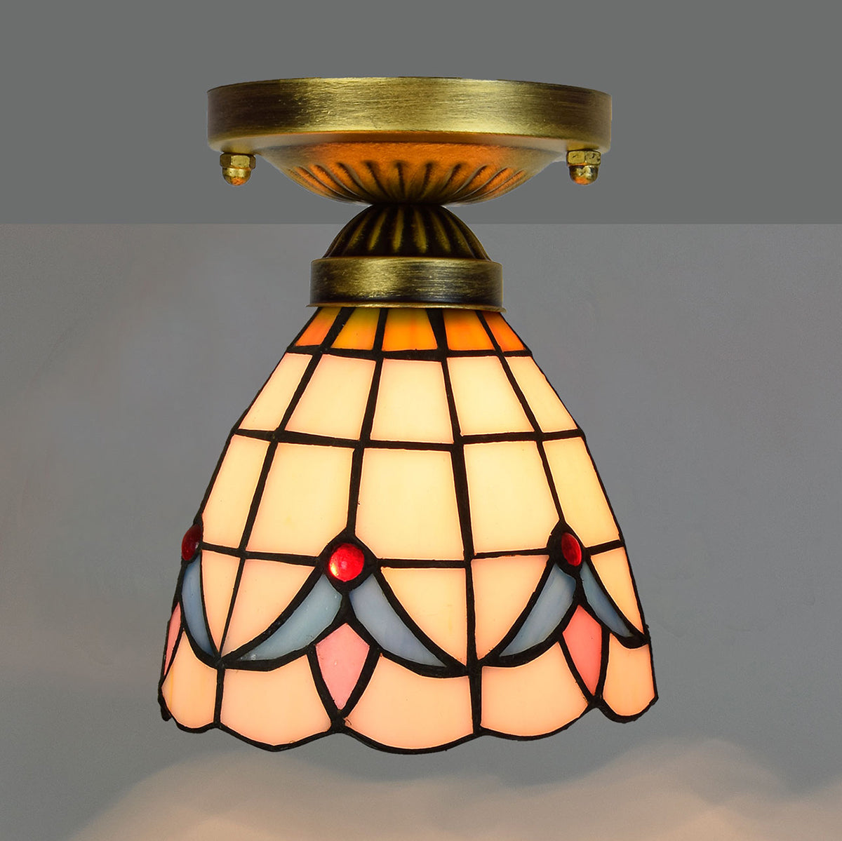 Cream Tiffany Stained Glass Ceiling Light with Blue Pattern