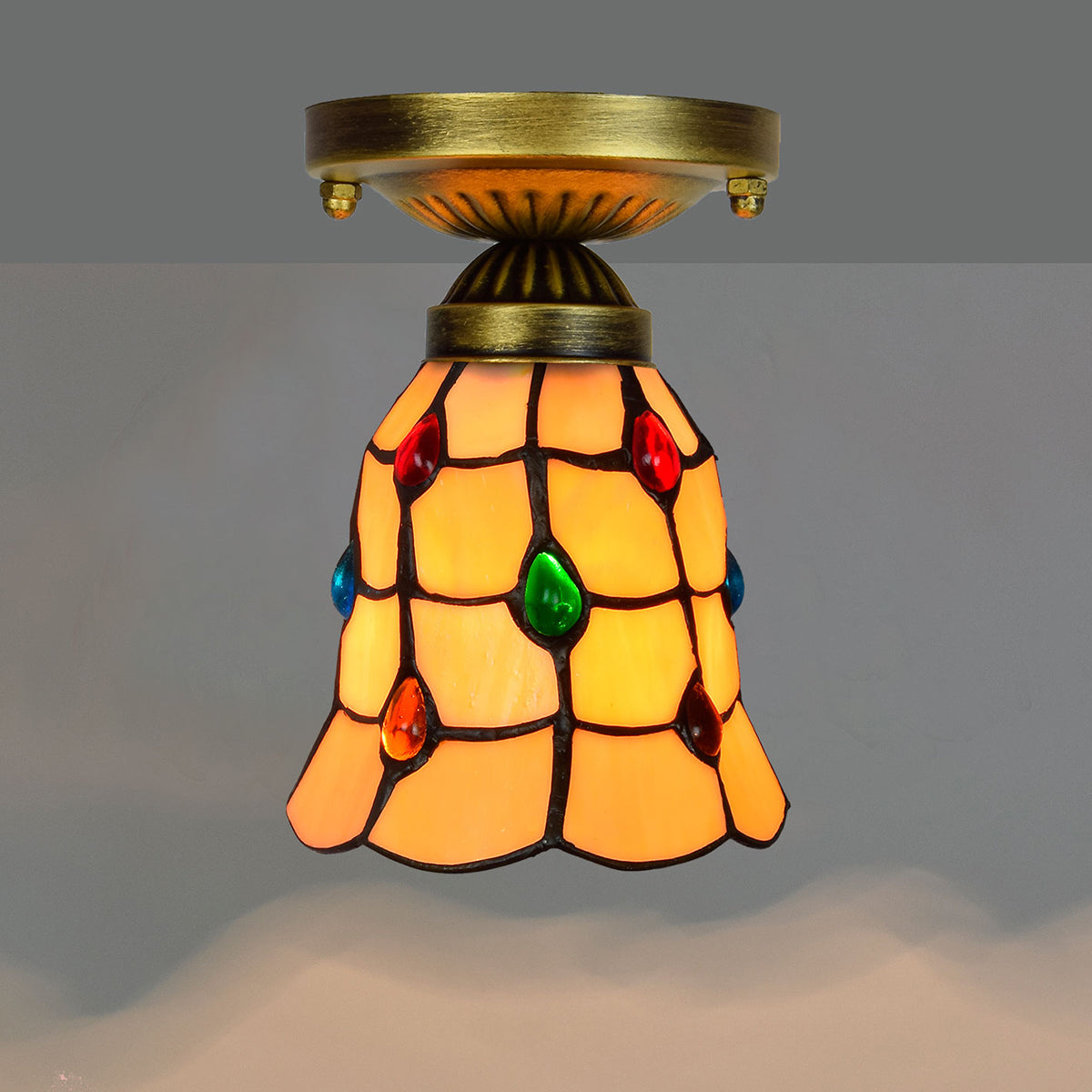 Amber Tiffany Stained Glass Ceiling Light with Cabochons