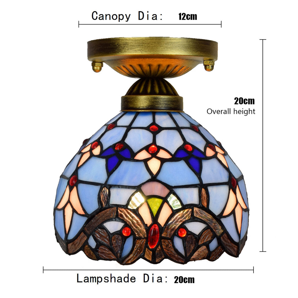 Blue Tiffany Stained Glass and Antique Brass Ceiling Light