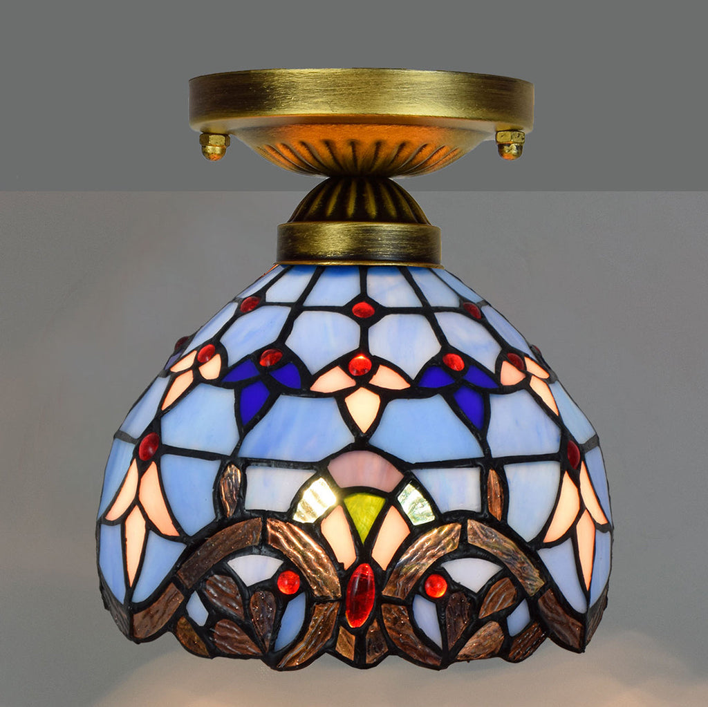 Blue Tiffany Stained Glass and Antique Brass Ceiling Light