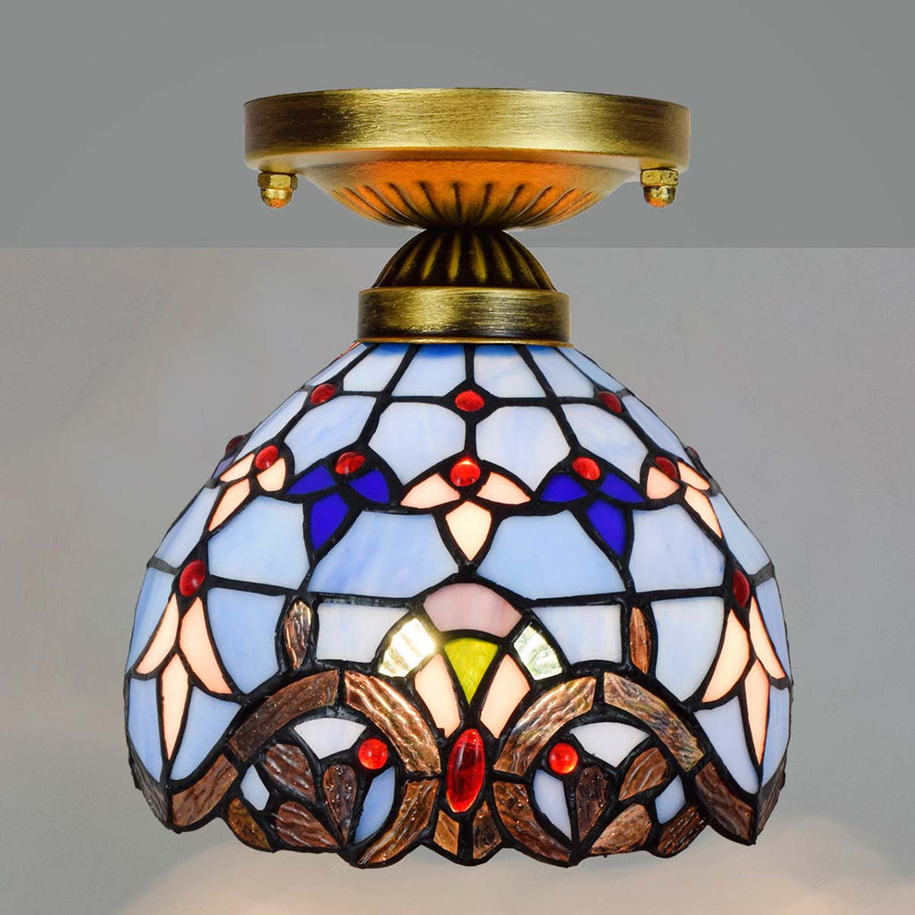 Blue Tiffany Stained Glass and Antique Brass Ceiling Light