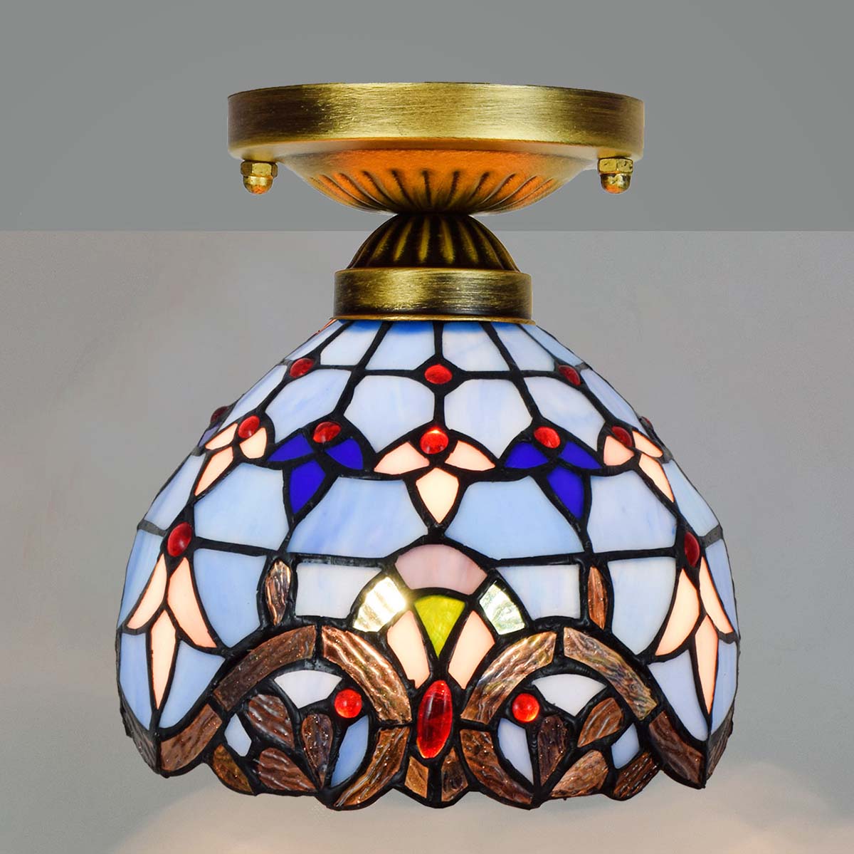 Blue Tiffany Stained Glass and Antique Brass Ceiling Light