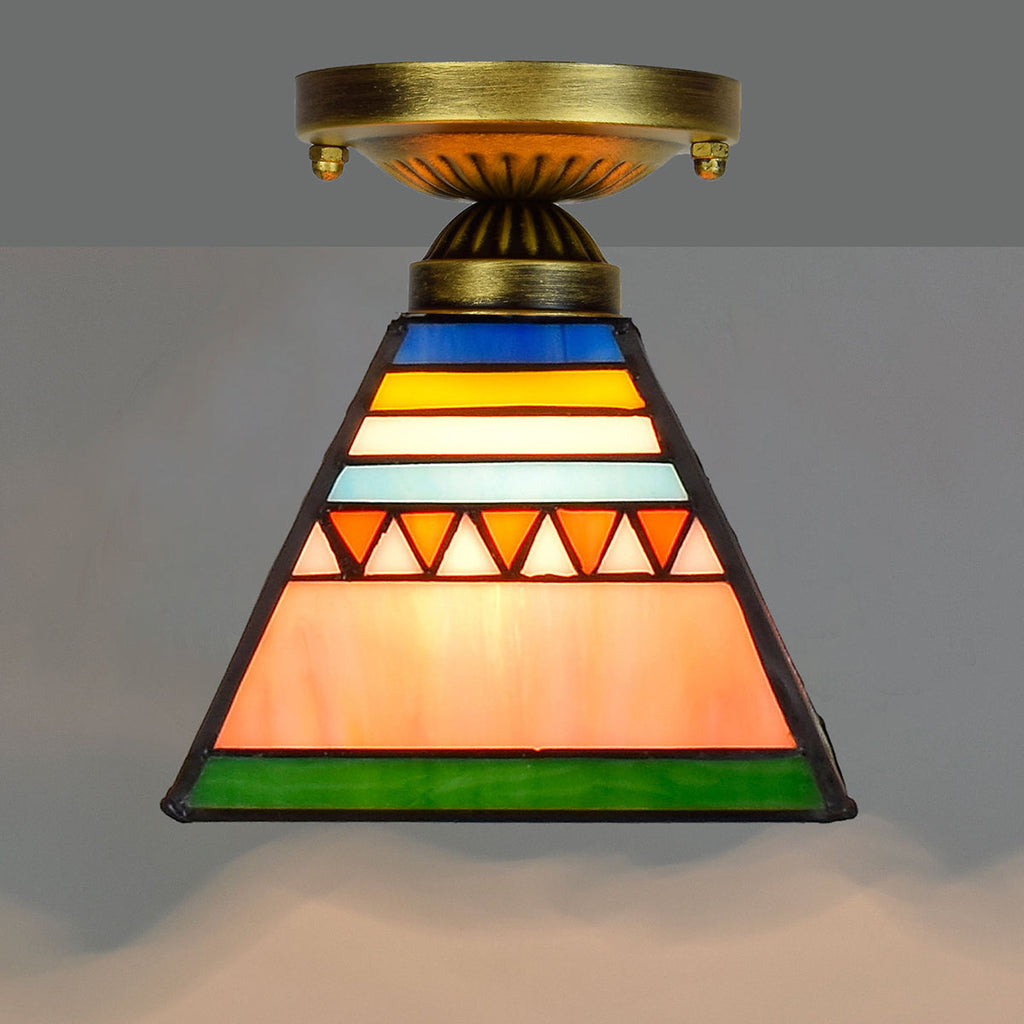 Geometric Tinted Glass and Antique Brass Ceiling Light