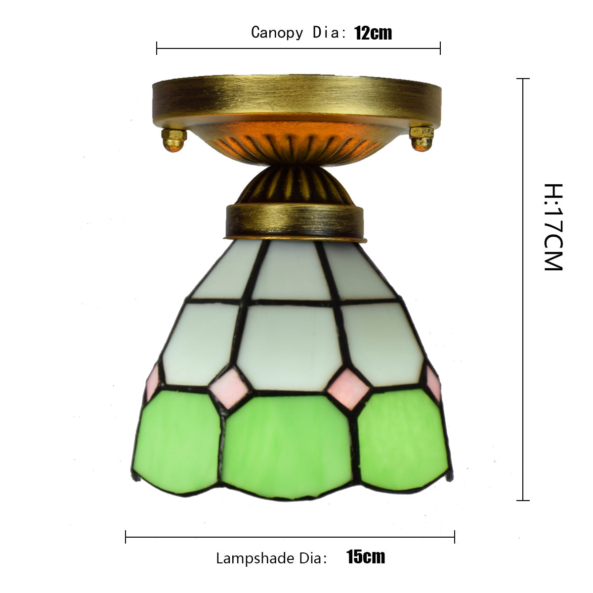 Tiffany-style stained glass ceiling light in green, white, and pink