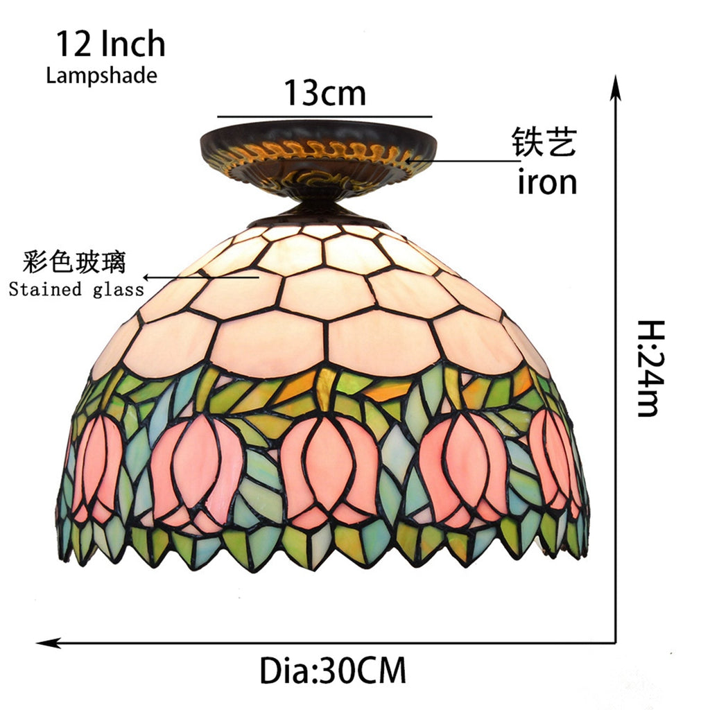 Tiffany-style stained glass ceiling light with pink tulips