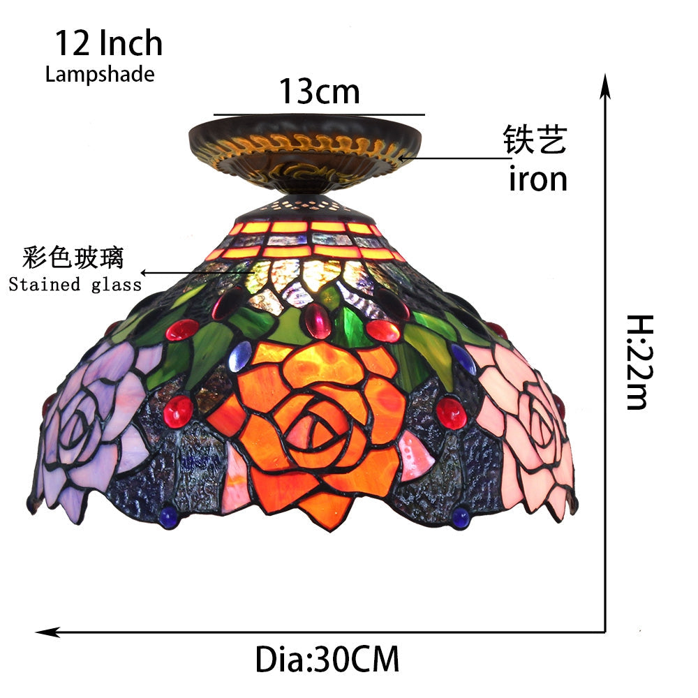 Orange Floral Rose Tiffany Stained Glass Ceiling Light