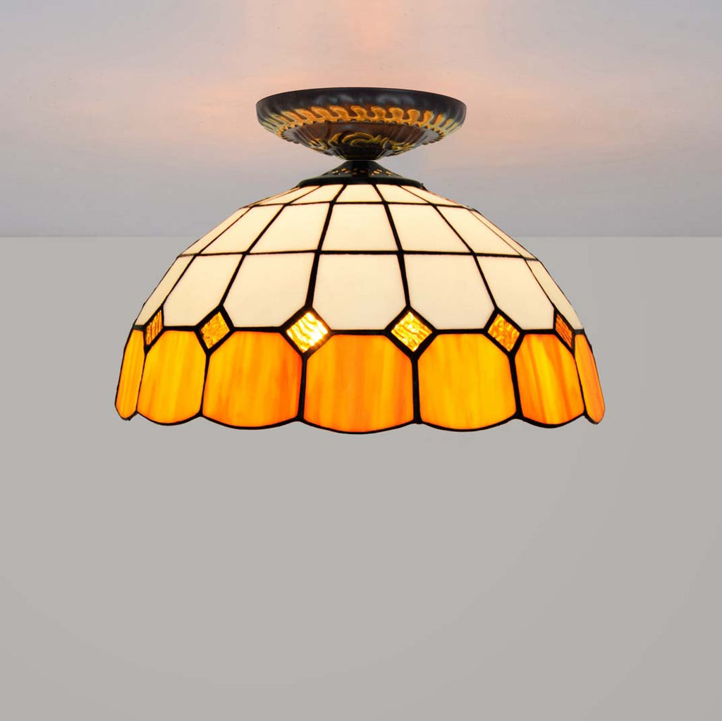 Tiffany-style ceiling light in white and amber stained glass