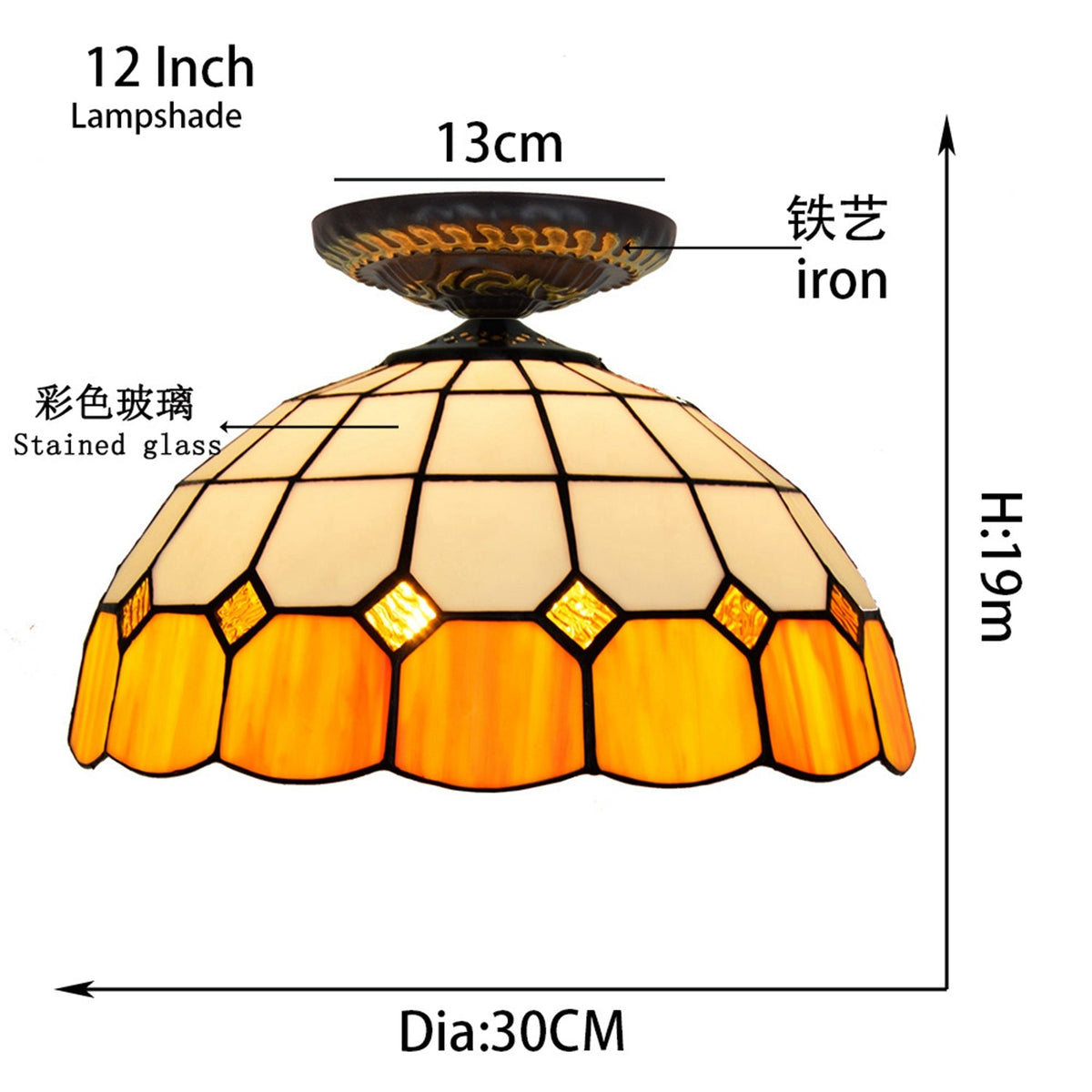 Tiffany-style ceiling light in white and amber stained glass