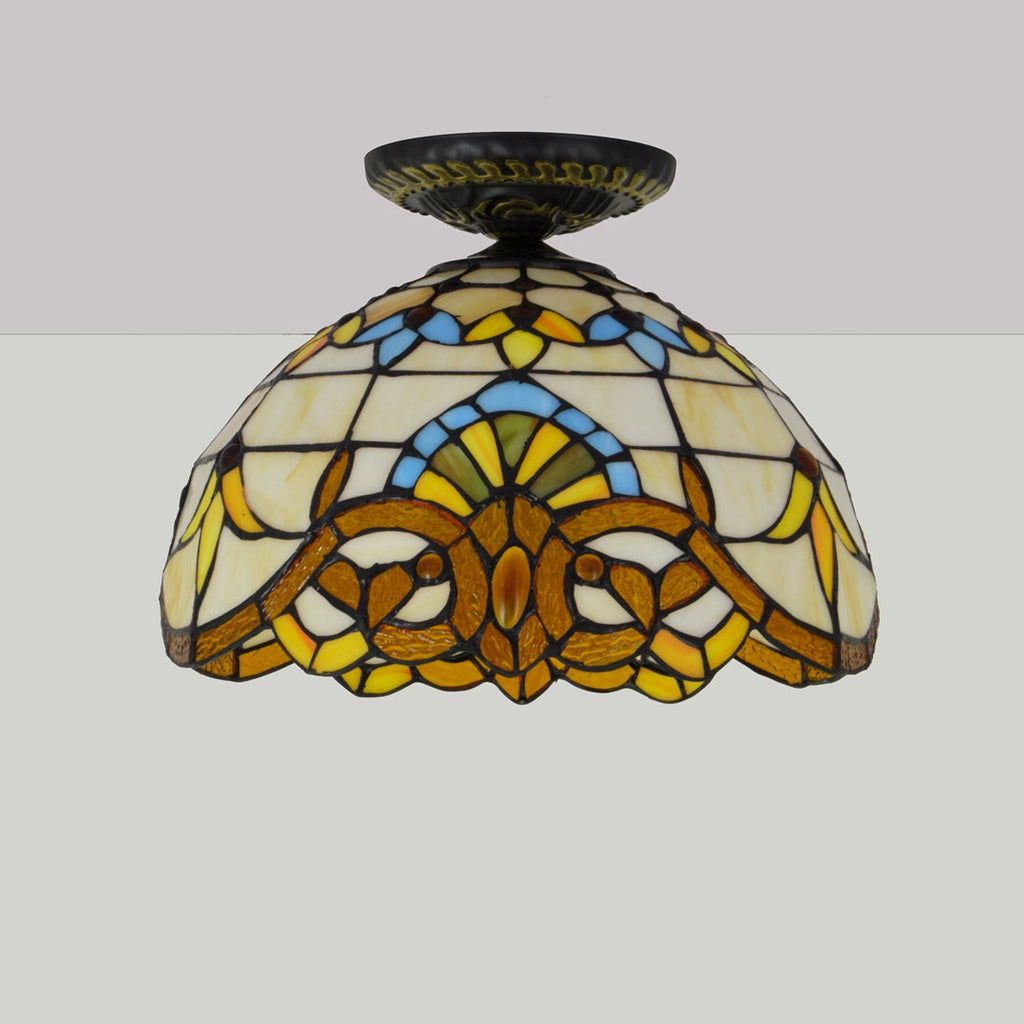 Tiffany-style ceiling light in white and amber stained glass