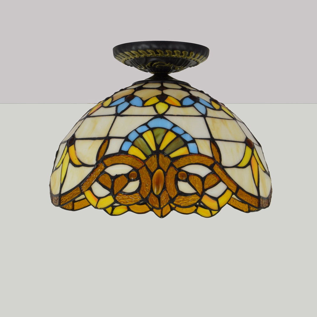 Tiffany-style ceiling light in white and amber stained glass