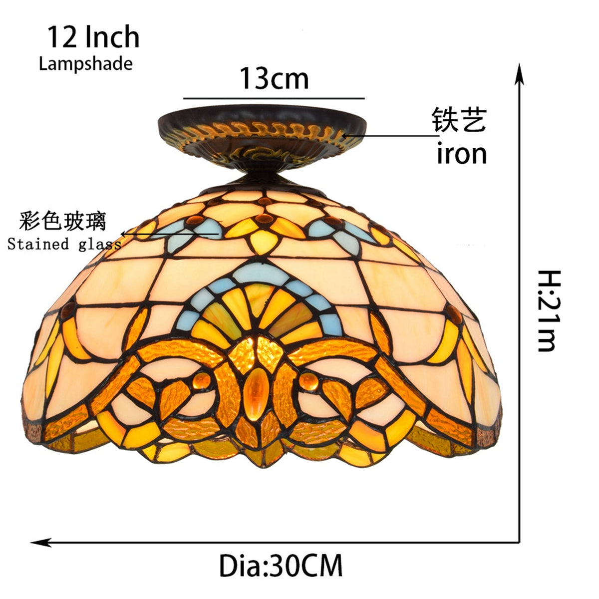 Tiffany-style ceiling light in white and amber stained glass