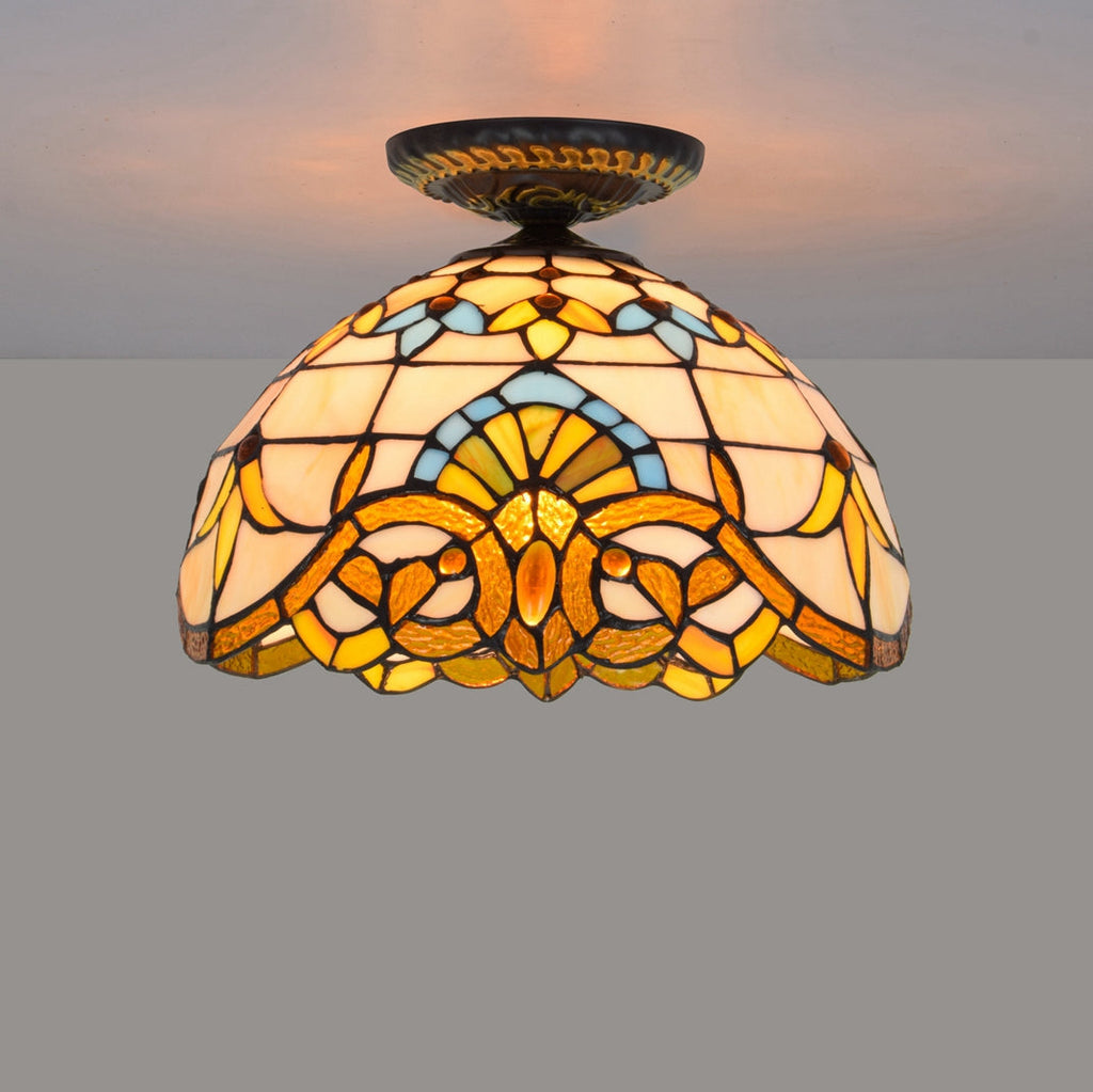 Tiffany-style ceiling light in white and amber stained glass