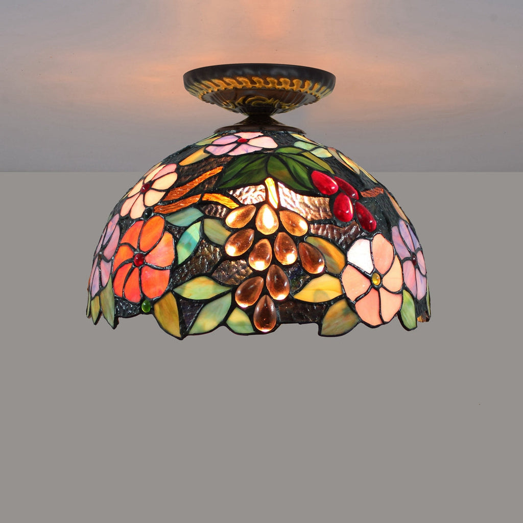 Floral Tiffany Stained Glass Ceiling Light with Grapes