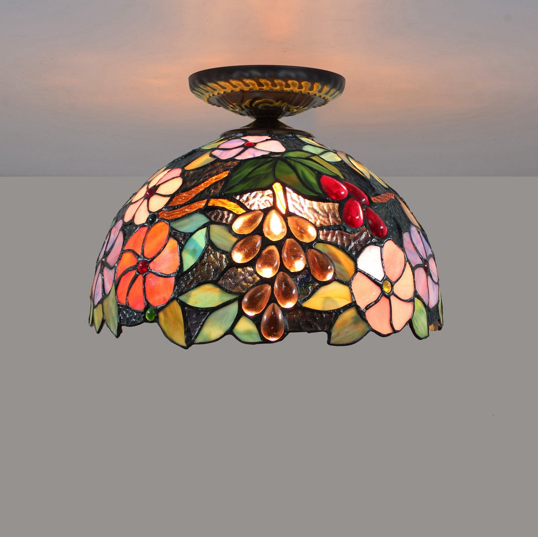 Floral Tiffany Stained Glass Ceiling Light with Grapes