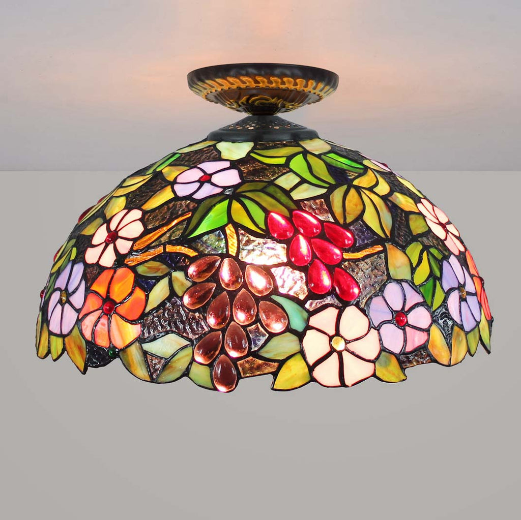 Tiffany stained glass ceiling light with flowers and berries