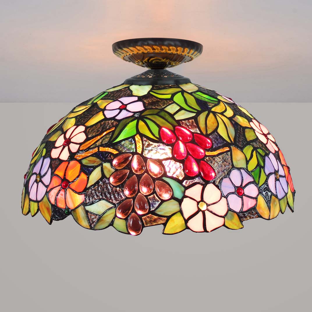 Tiffany stained glass ceiling light with flowers and berries