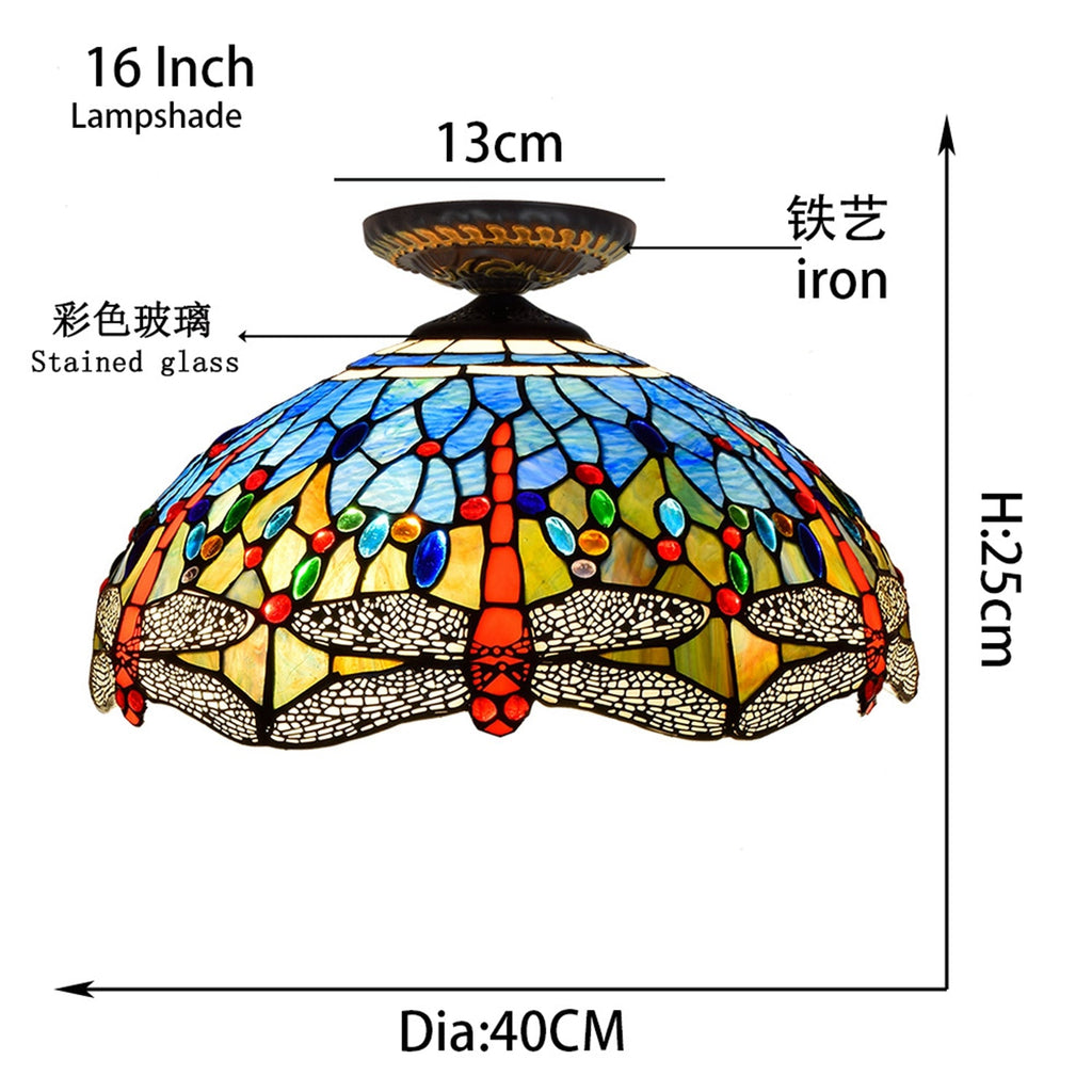 Tiffany Stained Glass Ceiling Light with Multicolored Dragonflies