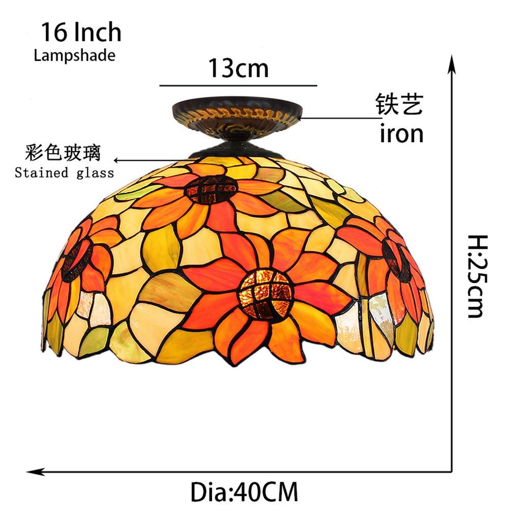 Tiffany Dome Ceiling Light in Stained Glass with Sunflower Design