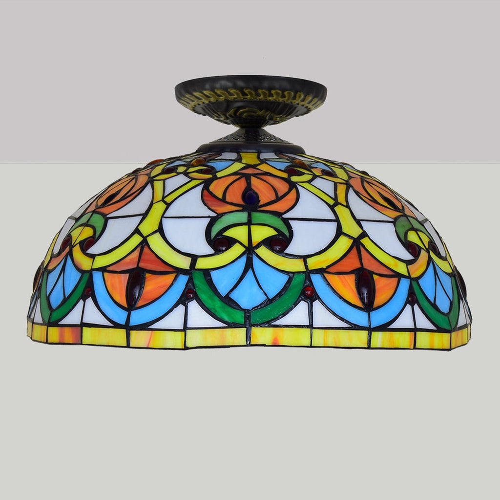 Tiffany Dome Ceiling Light in Stained Glass with Sunflower Design