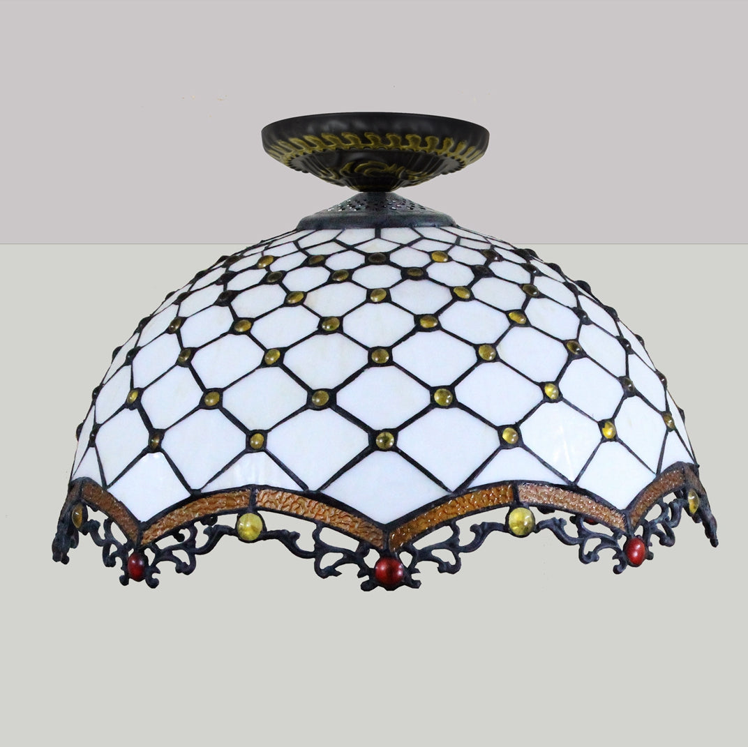 Art Deco ceiling light in white and amber stained glass