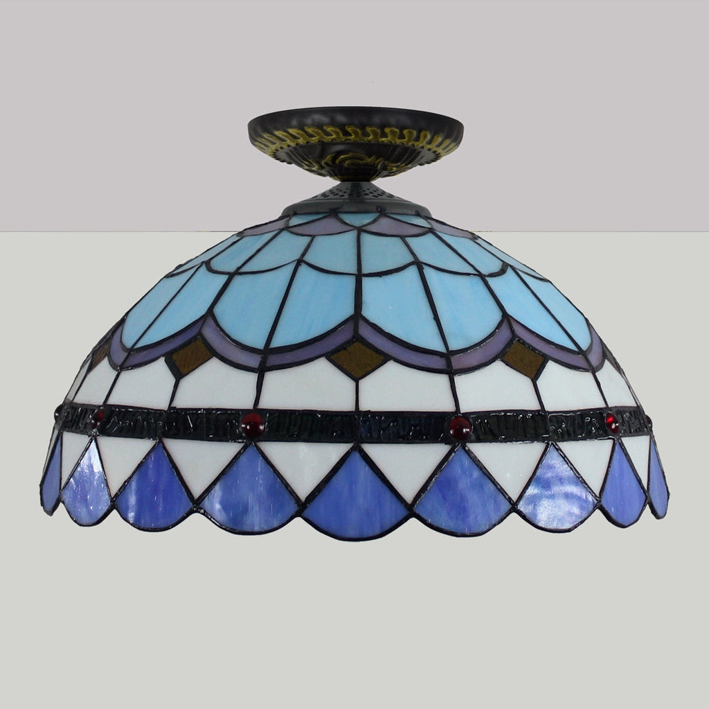 Tiffany Blue and Red Stained Glass Dome Ceiling Light