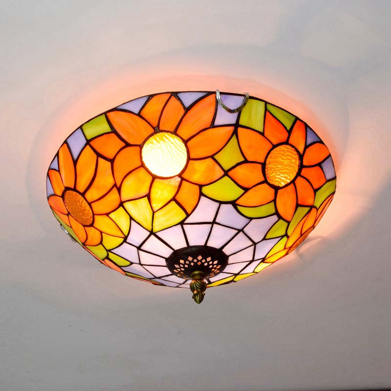 Tiffany-style stained glass ceiling light with sunflowers