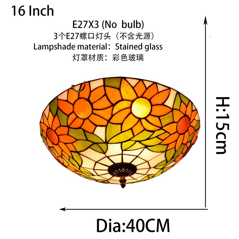 Round Tiffany Ceiling Light in Sunflower-Shaped Stained Glass