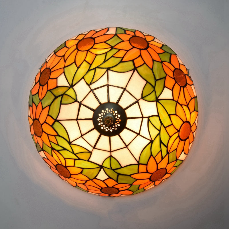 Round Tiffany Ceiling Light in Sunflower-Shaped Stained Glass