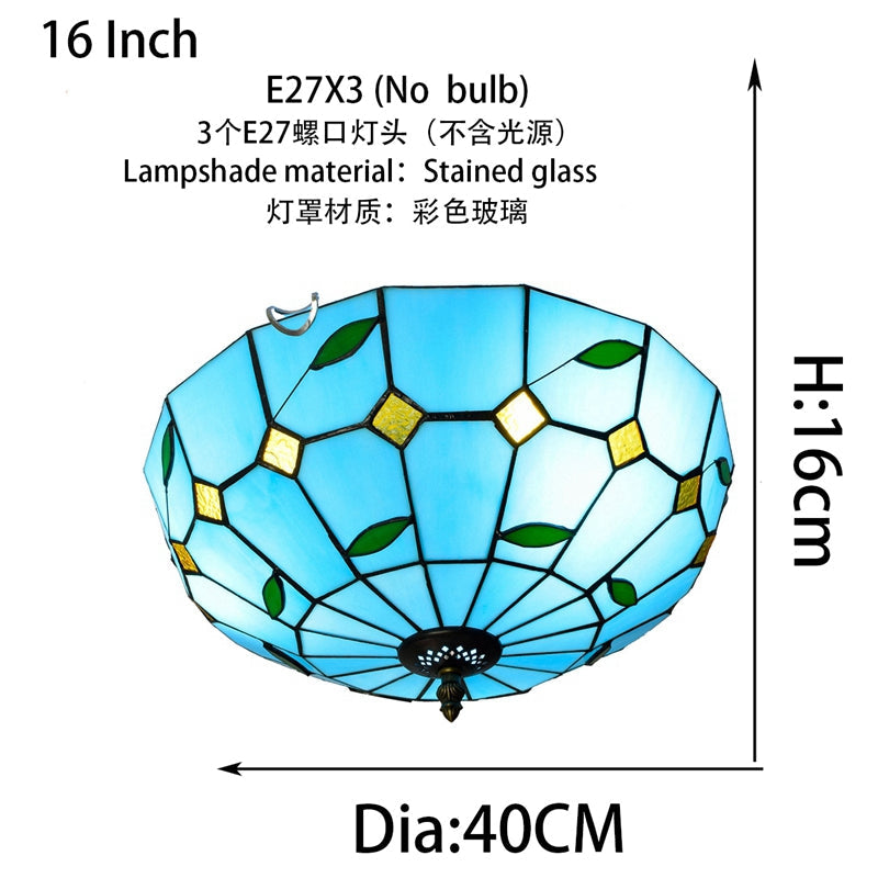 Blue Stained Glass Dome Ceiling Light with Foliage Pattern