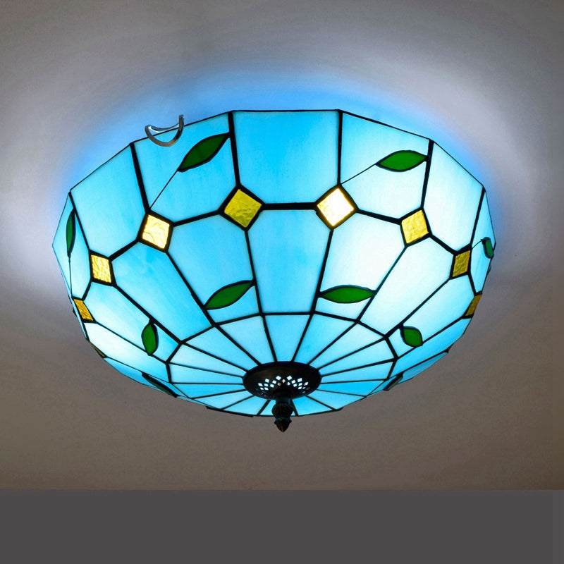 Blue Stained Glass Dome Ceiling Light with Foliage Pattern