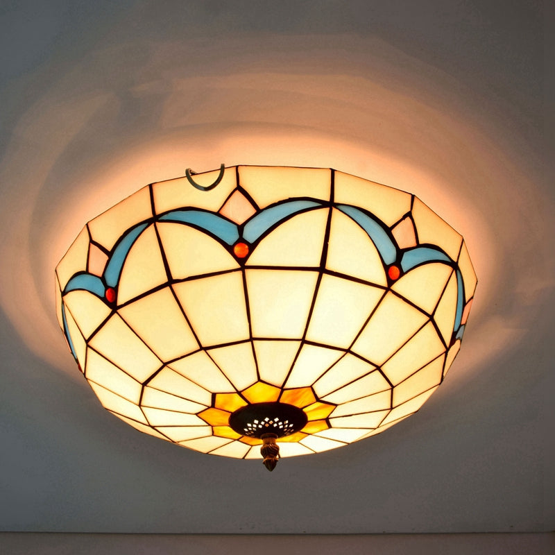 Blue and Pink Geometric Stained Glass Dome Ceiling Light