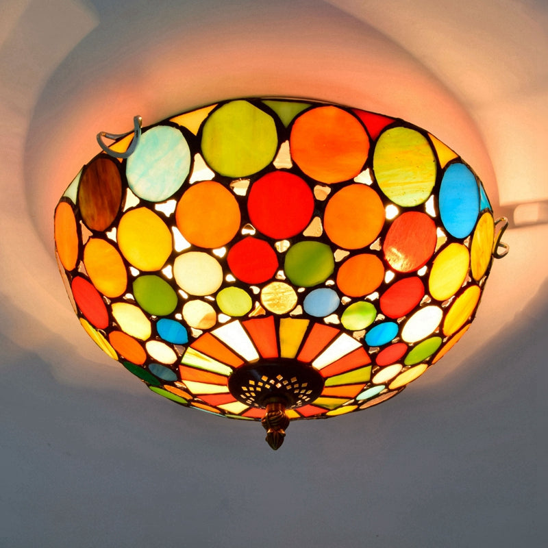 Stained Glass Dome Ceiling Light with Mosaic of Colored Circles