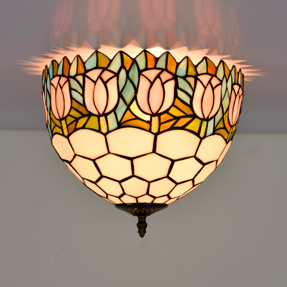 Tiffany-style ceiling light in tinted glass with pink tulips