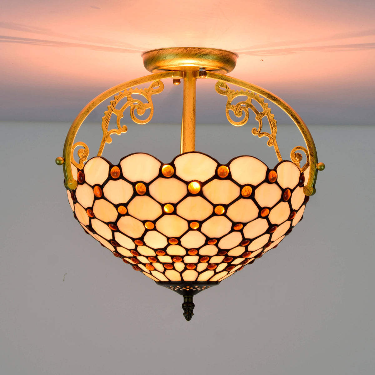 Tiffany Style Ceiling Light in Cream and Amber Glass