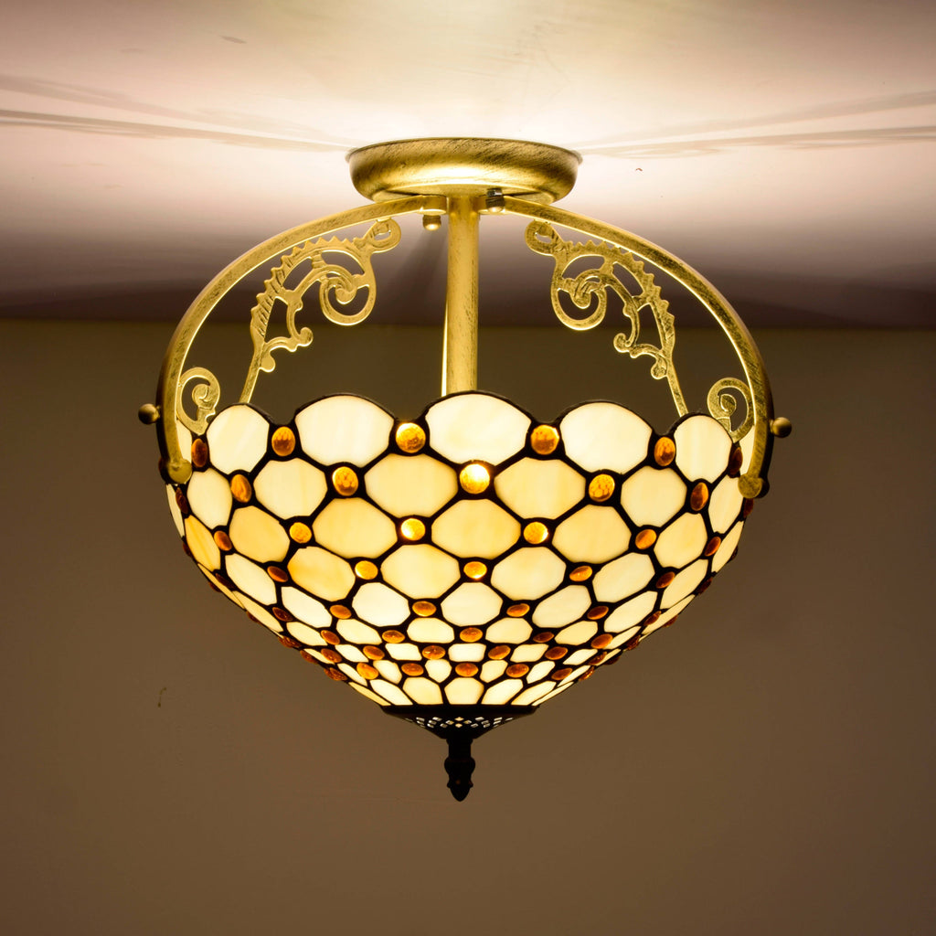 Tiffany Style Ceiling Light in Cream and Amber Glass