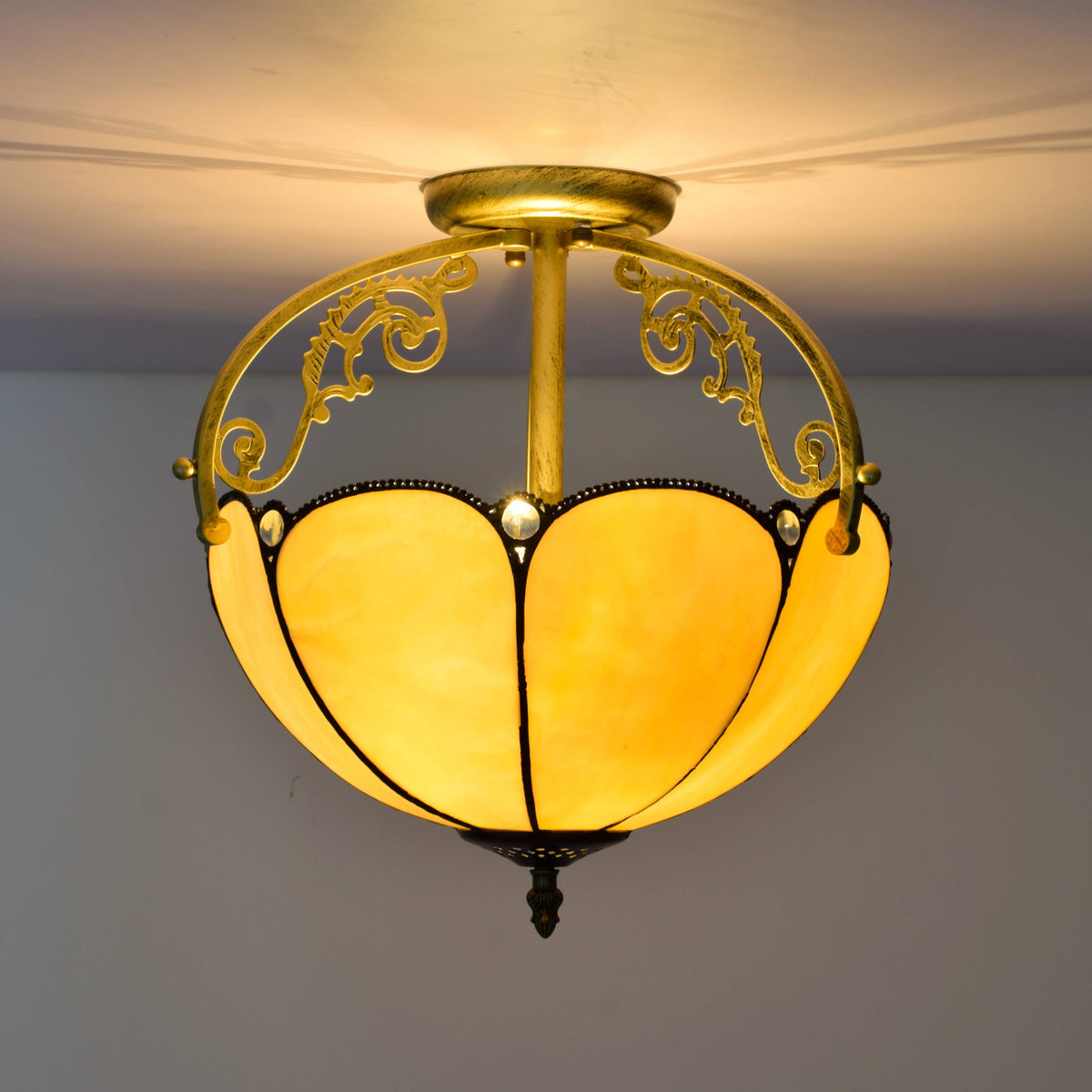 Art Nouveau Ceiling Light in Aged Gilded Mother-of-Pearl Glass