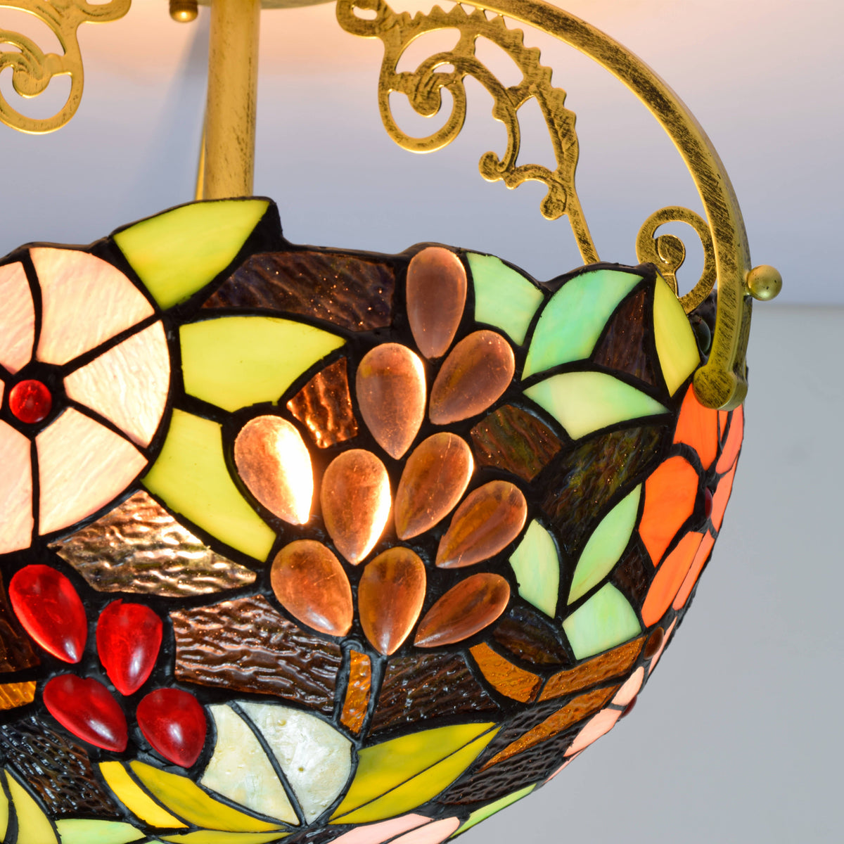Floral Stained Glass Ceiling Light with Berries in Tiffany Style