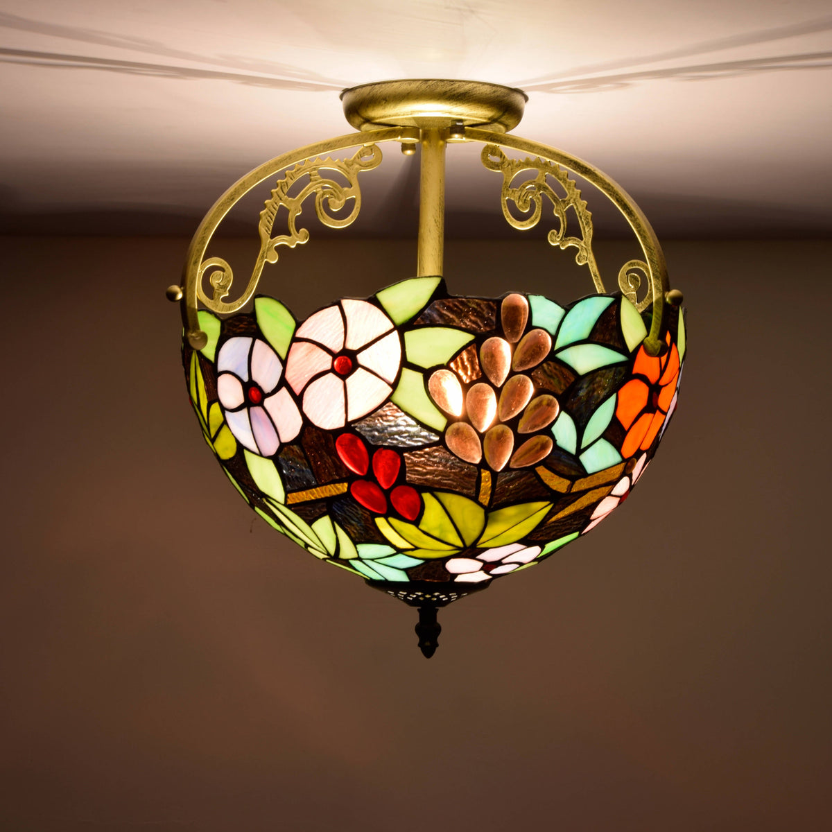 Floral Stained Glass Ceiling Light with Berries in Tiffany Style