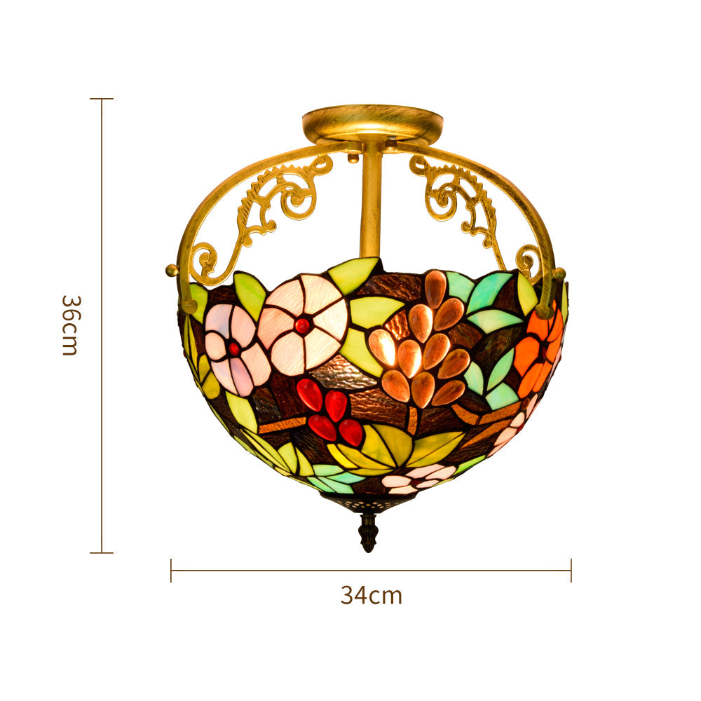 Floral Stained Glass Ceiling Light with Berries in Tiffany Style